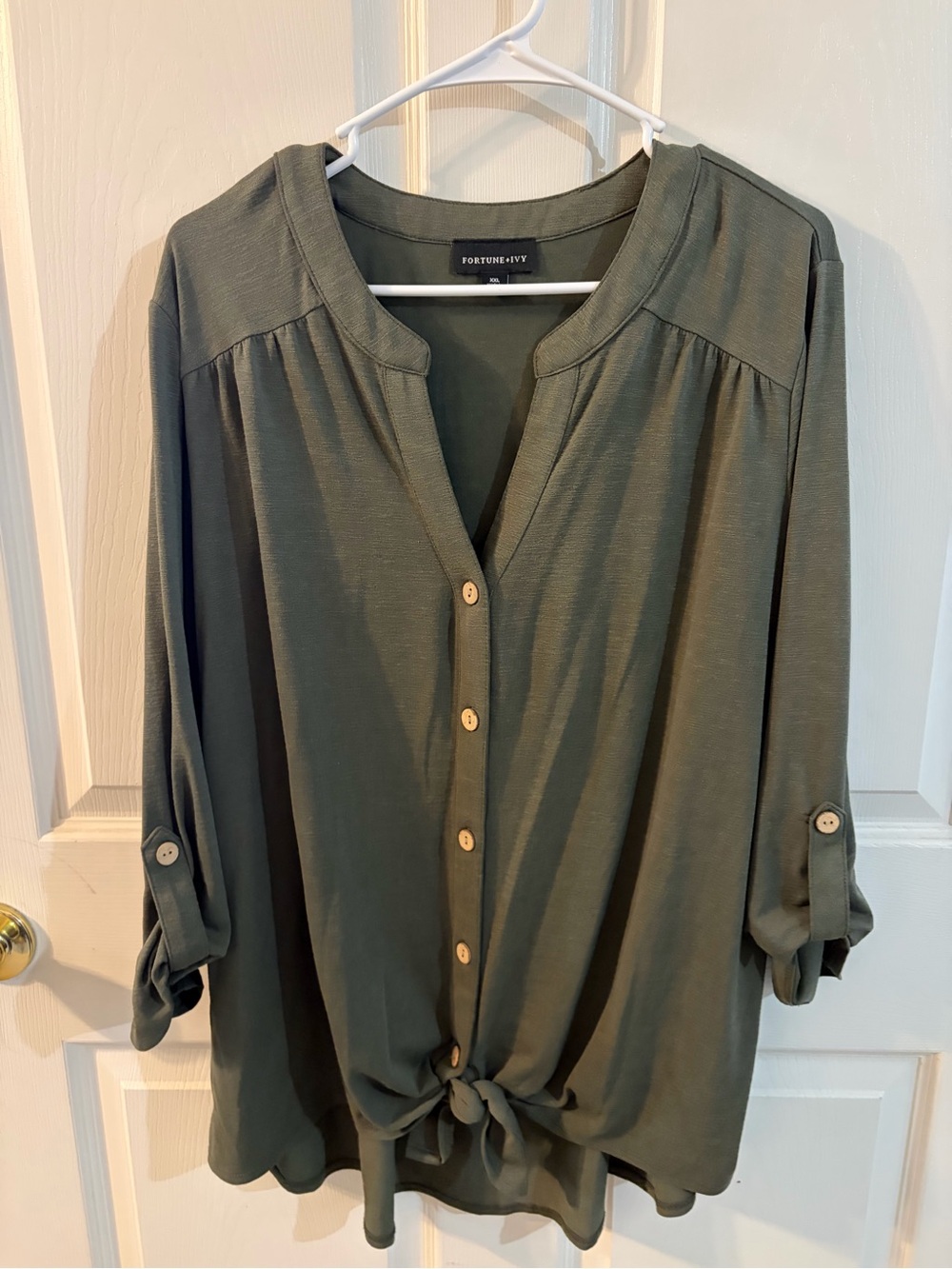 Fortune + Ivy Olive Green Button-Front Tie Hem Shirt